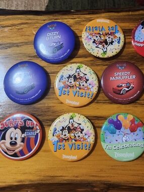 Disney Orange "1st Visit!" Celebration Buttons Pack Varity Of Pins 10 In Total